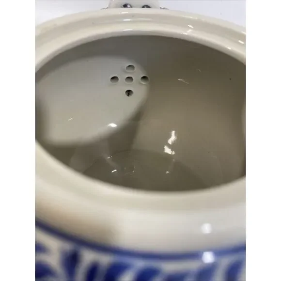 Vintage Japanese Teapot Ceramic Blue & White Handpainted‎ Floral Metal Handles - Picture 9 of 14